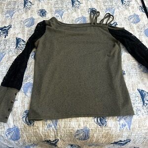 SHEIN Olive and Black Lace Sleeve Blouse